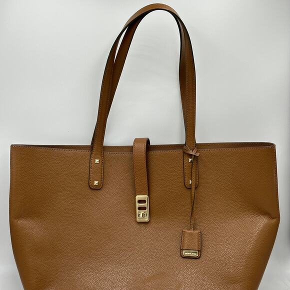 Michael Kors Karson Camel Brown Pebbled Leather Carry All Tote Bag Luggage Large - Picture 8 of 16